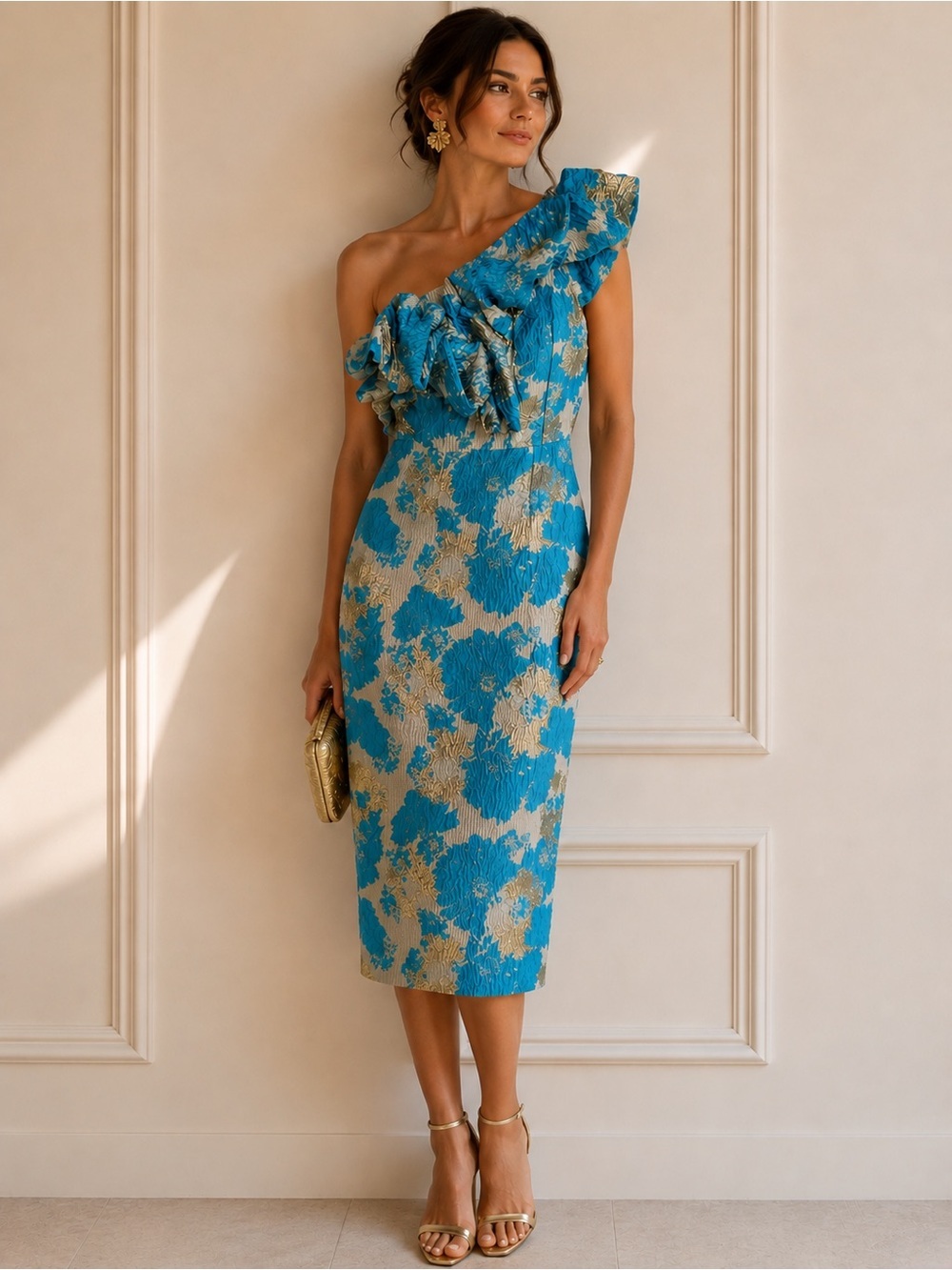 Eliya The Label Brielle One-Shoulder Blue and Gold Floral Midi Dress